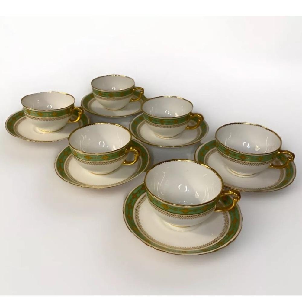 Set Of 6 Royal Crown Derby Cup Saucer Dessert Plate Green Gold Filled Rare 1905